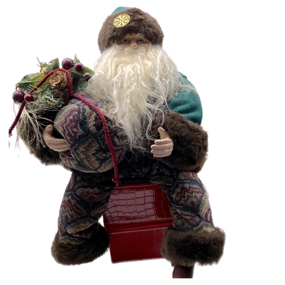 Victorian Style Shelf Sitting Santa In Paisley Pants Green Coat Hat Fur Trimmed.